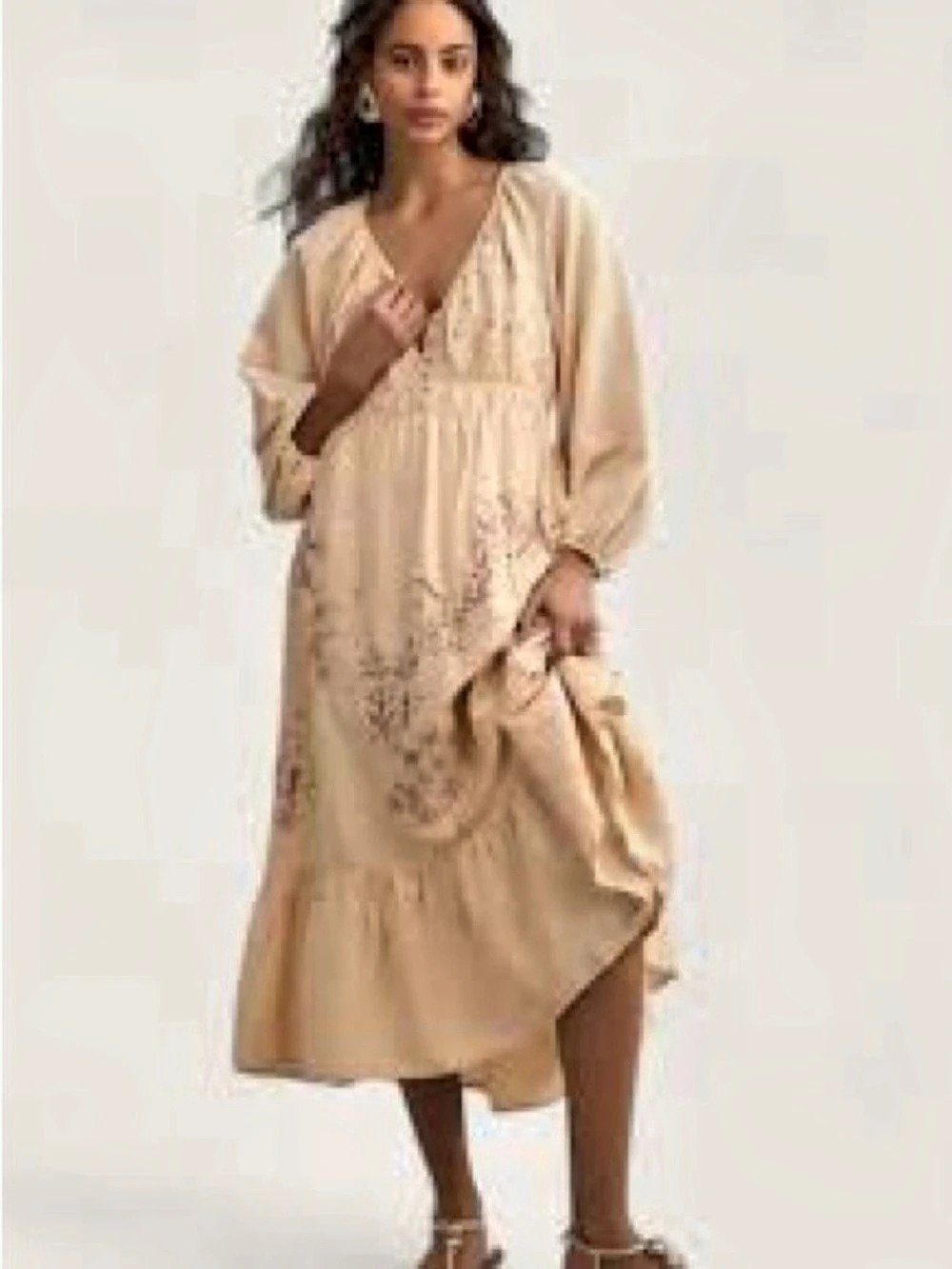 Anthropologie Floral Embroidered Maxi Dress in cream/tan